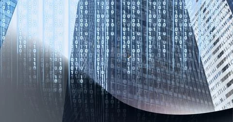 Composition of binary coding over modern office buildings background Stock Illustration