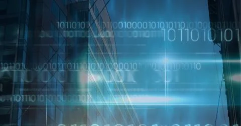 Composition of binary coding over modern cityscape 库存插图