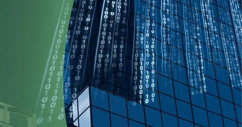 Composition of binary coding over modern office building and green edge Stock Illustration
