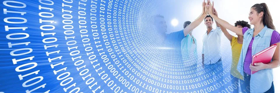 Composition of binary coding over students high fiving Stockfoto's