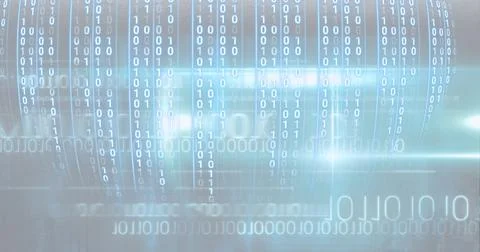 Composition of binary coding processing on blue glowing background Stock-Illustration