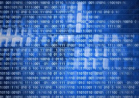 Composition of binary coding processing over blue background 스톡 일러스트