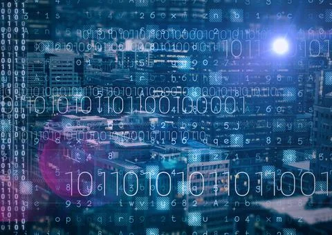 Composition of binary coding processing over cityscape in the background Illustrazione stock