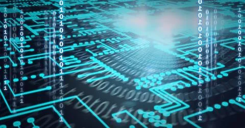 Composition of binary coding processing over computer processor circuit board Illustrazione stock
