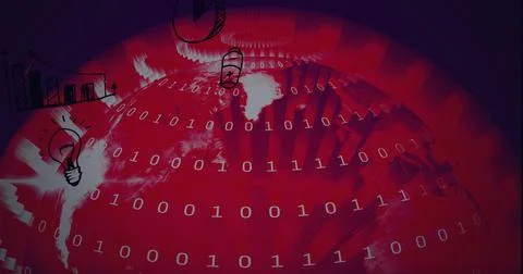 Composition of binary coding processing over red globe and icons in background Illustrazione stock
