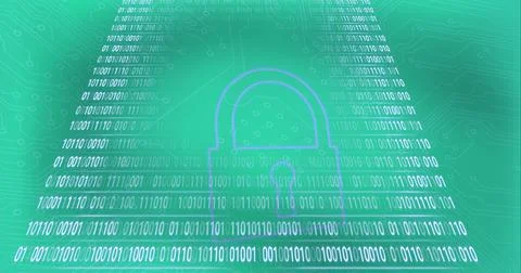 Composition of binary coding processing over online padlock and computer circuit Stock Illustration
