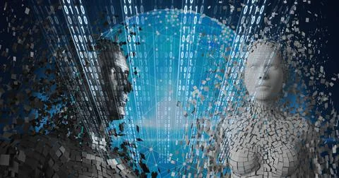 Composition of binary coding processing over exploding human busts and globe Stockillustratie