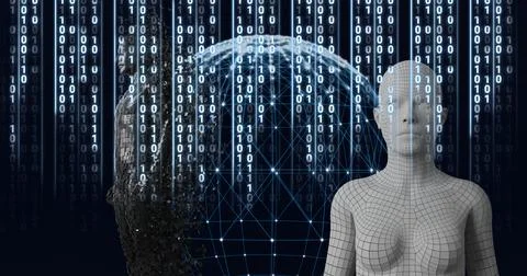 Composition of binary coding processing over human busts and globe Stockillustratie