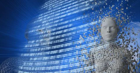 Composition of binary coding processing over exploding human busts and globe Stockillustratie