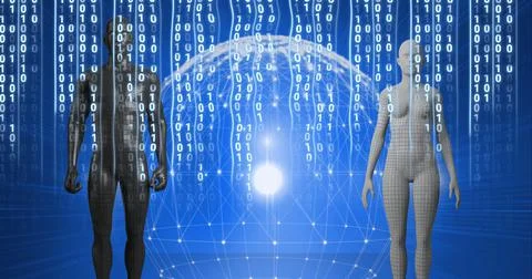 Composition of binary coding processing over human bodies and globe Stockillustratie