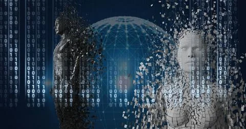 Composition of binary coding processing over exploding human busts and globe Stockillustratie