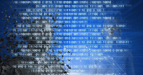 Composition of binary coding processing over exploding human busts Illustrazione stock