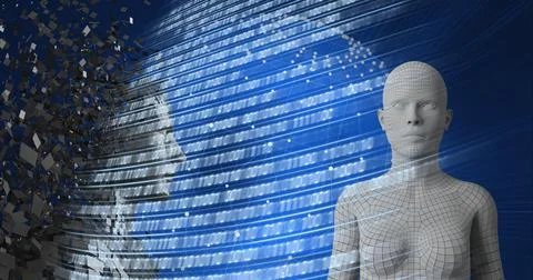 Composition of binary coding processing over exploding human busts and globe Stockillustratie