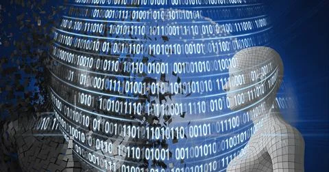 Composition of binary coding processing over exploding human busts and globe Illustrazione stock