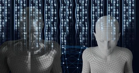 Composition of binary coding processing over human busts 库存插图