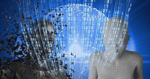 Composition of binary coding processing over exploding human busts and globe Stockillustratie