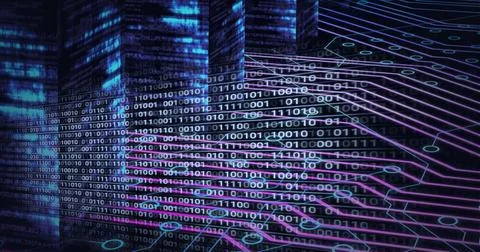 Composition of binary coding processing over computer circuit board Stock Illustration