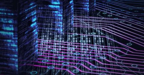 Composition of binary coding processing over computer circuit board Stock Illustration