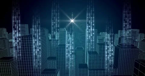 Composition of binary coding processing over cityscape at night 库存插图