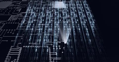 Composition of binary coding processing over computer circuit board Stock Illustration