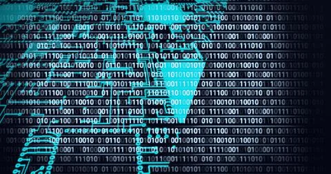 Composition of binary coding processing over computer circuit board Stock Illustration