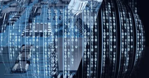 Composition of binary coding processing over computer circuit board Stock Illustration