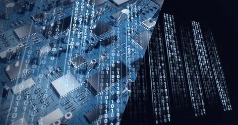 Composition of binary coding processing over computer circuit board Illustrazione stock