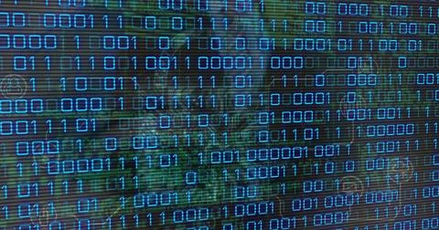 Composition of binary coding processing over purple background Stock Illustration