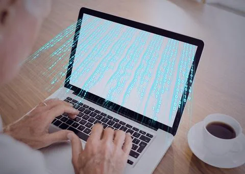 Composition of binary coding processing over laptop screen Stock Photos