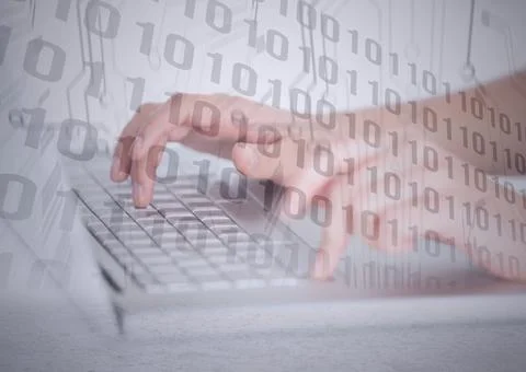 Composition of binary coding processing over person typing on computer keyboard Stock Photos