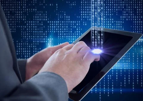 Composition of binary coding processing over hacker using tablet Foto stock