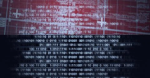 Composition of binary coding processing over red grid Stock Photos