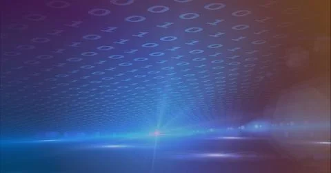 Composition of binary coding processing over purple background 库存照片