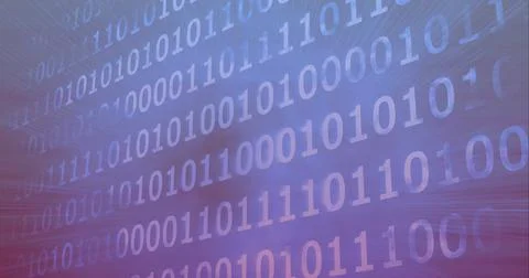 Composition of binary coding processing over purple background 库存照片