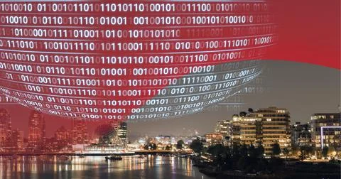 Composition of binary coding with red curved banner over cityscape Stockillustratie