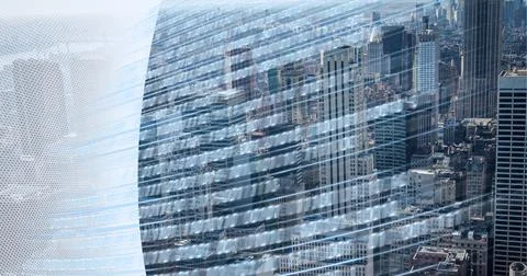 Composition of binary coding with white curved banner over cityscape Illustrazione stock