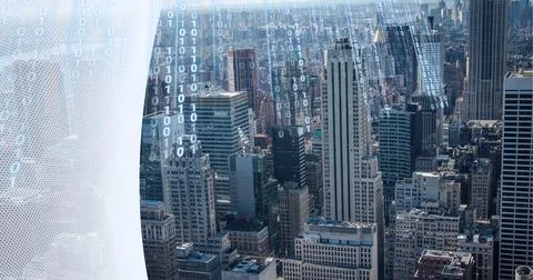 Composition of binary coding with white curved banner over cityscape Illustrazione stock