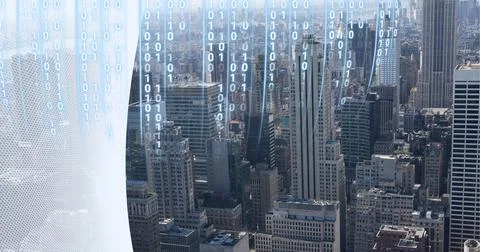 Composition of binary coding with white curved banner over cityscape Illustrazione stock