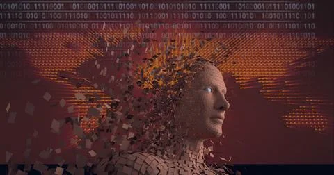 Composition of binary coding, world map and exploding human bust Illustrazione stock