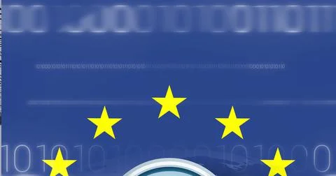 Composition of binary numbers and yellow stars on blue background Stock Illustration