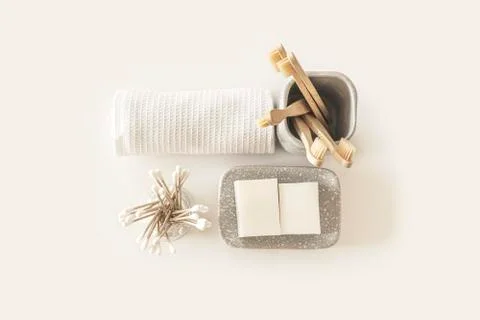 Composition with biodegradable bamboo toothbrushes. Stock Photos