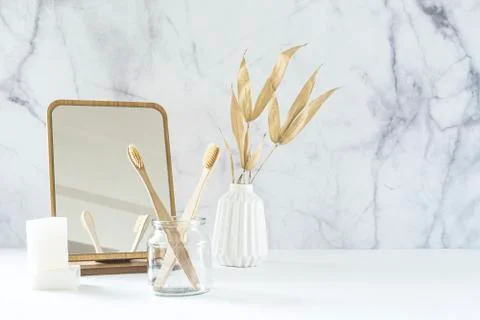 Composition with biodegradable bamboo toothbrushes. Stock Photos