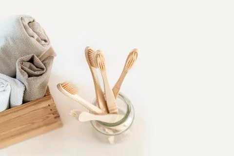 Composition with biodegradable bamboo toothbrushes. Stock Photos