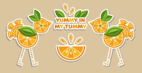 Composition with birds made of orange slices, text Stock Illustration