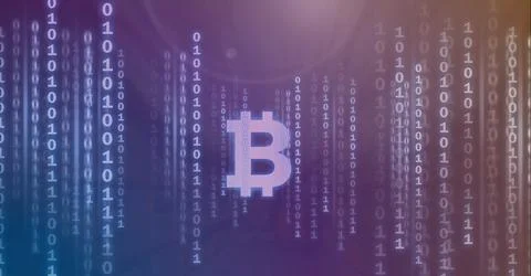 Composition of bitcoin symbol and binary coding processing on purple background 스톡 일러스트