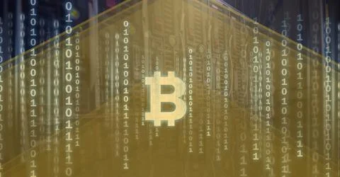 Composition of bitcoin symbol and binary coding processing on yellow background 库存插图