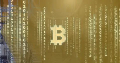 Composition of bitcoin symbol and binary coding processing on yellow background 库存照片