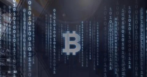 Composition of bitcoin symbol and binary coding processing on blue background 库存照片