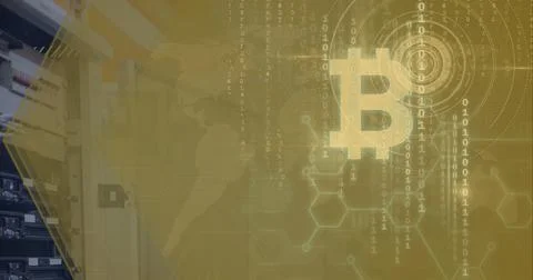 Composition of bitcoin symbol and binary coding processing on world map Stock Photos