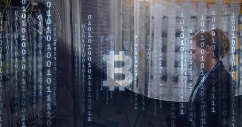 Composition of bitcoin symbol and binary coding over woman by computer server 스톡 사진